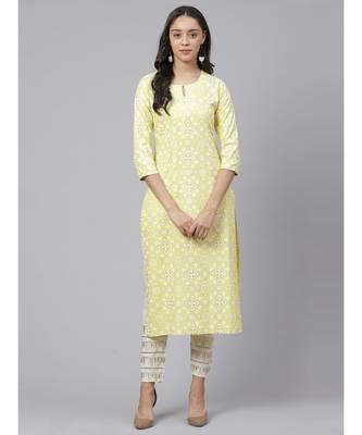 Indo Era Yellow Printed Straight Kurtas 1