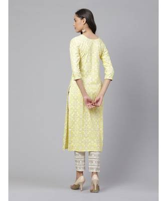 Indo Era Yellow Printed Straight Kurtas 2