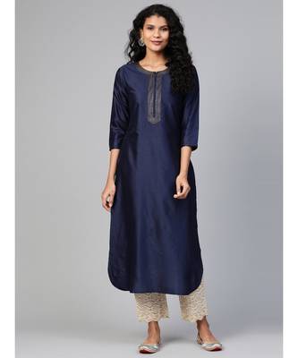 Indo Era Navy Blue Solid Straight Kurtas 1