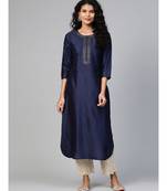Indo Era Navy Blue Solid Straight Kurtas