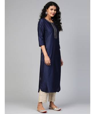 Indo Era Navy Blue Solid Straight Kurtas 2