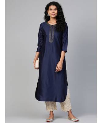 Indo Era Navy Blue Solid Straight Kurtas 4