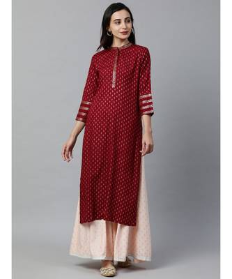 Indo Era Maroon Foil Printed Straight Kurtas 1