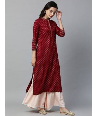 Indo Era Maroon Foil Printed Straight Kurtas 2