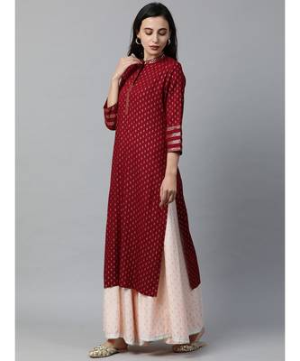 Indo Era Maroon Foil Printed Straight Kurtas 3