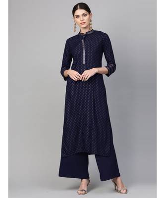 Indo Era Navy Blue Foil Printed Straight Kurtas 1