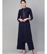Indo Era Navy Blue Foil Printed Straight Kurtas