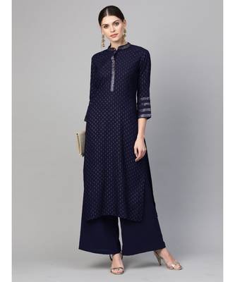 Indo Era Navy Blue Foil Printed Straight Kurtas 2