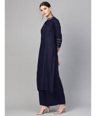 Indo Era Navy Blue Foil Printed Straight Kurtas 3