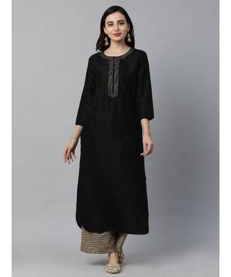 Indo Era Black Solid Straight Kurtas 1