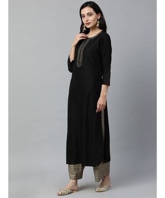 Indo Era Black Solid Straight Kurtas 3