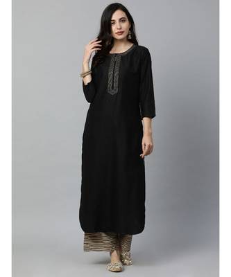Indo Era Black Solid Straight Kurtas 4