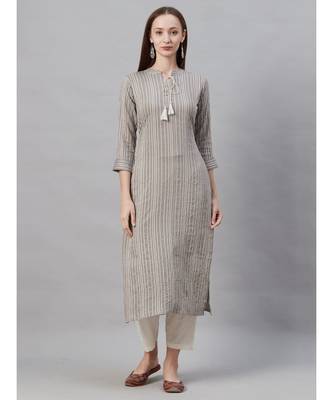 Indo Era Grey Striped Straight Kurtas 1