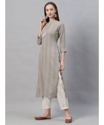 Indo Era Grey Striped Straight Kurtas 2