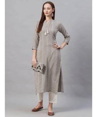 Indo Era Grey Striped Straight Kurtas 4