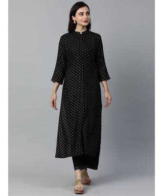 Indo Era Black Foil Printed Straight Kurtas 1