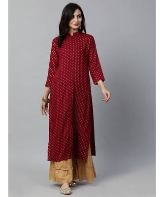 Indo Era Maroon Foil Printed Straight Kurtas 1