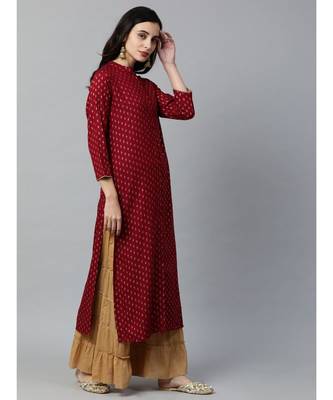 Indo Era Maroon Foil Printed Straight Kurtas 2