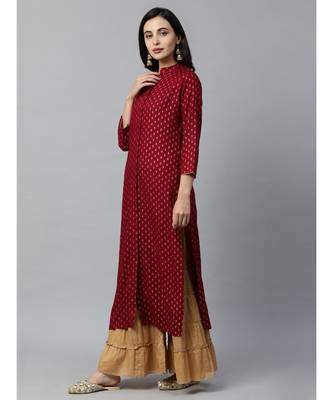 Indo Era Maroon Foil Printed Straight Kurtas 3