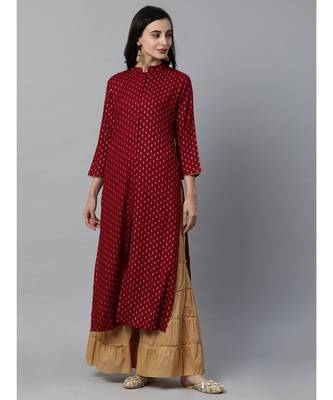 Indo Era Maroon Foil Printed Straight Kurtas 4