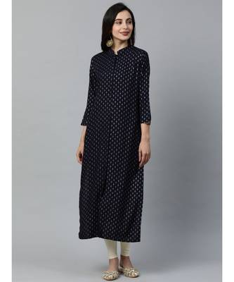 Indo Era Navy Blue Foil Printed Straight Kurtas 1