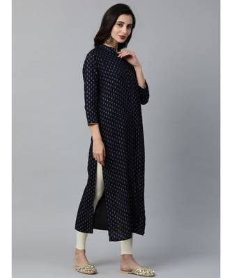 Indo Era Navy Blue Foil Printed Straight Kurtas 2