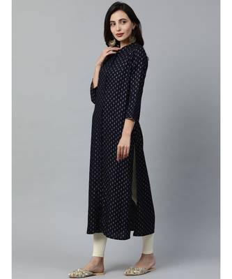 Indo Era Navy Blue Foil Printed Straight Kurtas 3