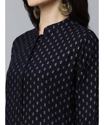 Indo Era Navy Blue Foil Printed Straight Kurtas 4