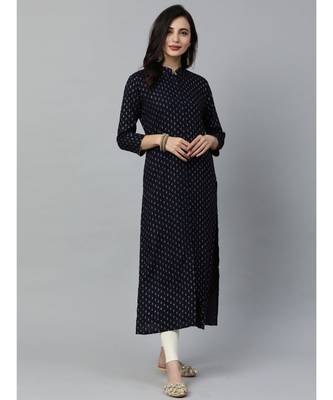 Indo Era Navy Blue Foil Printed Straight Kurtas 6