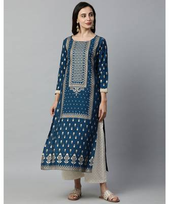 Indo Era Teal Blue Foil Printed Straight Kurtas 1