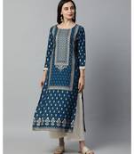 Indo Era Teal Blue Foil Printed Straight Kurtas