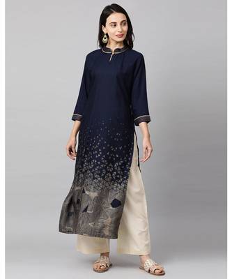 Indo Era Navy Blue Foil Printed Straight Kurtas 1