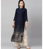 Indo Era Navy Blue Foil Printed Straight Kurtas