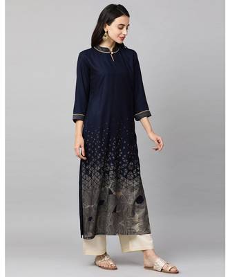 Indo Era Navy Blue Foil Printed Straight Kurtas 2