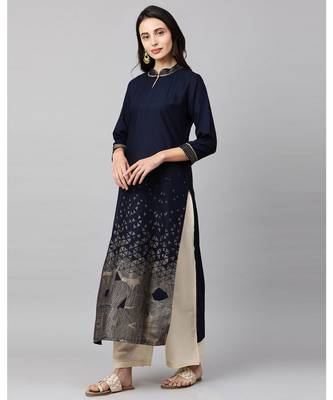 Indo Era Navy Blue Foil Printed Straight Kurtas 3