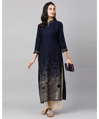 Indo Era Navy Blue Foil Printed Straight Kurtas 4