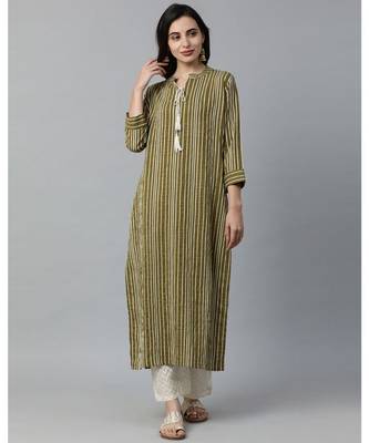 Indo Era Green Striped Straight Kurtas 1