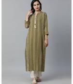 Indo Era Green Striped Straight Kurtas