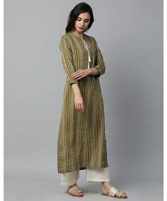 Indo Era Green Striped Straight Kurtas 3