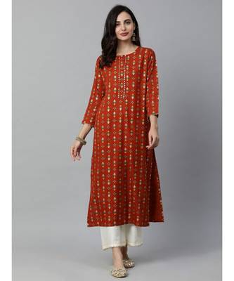 Indo Era Rust Foil Printed Straight Kurtas 1