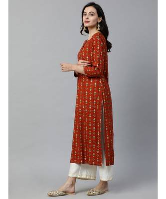 Indo Era Rust Foil Printed Straight Kurtas 3