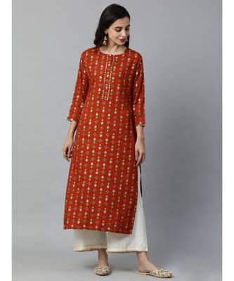 Indo Era Rust Foil Printed Straight Kurtas 4