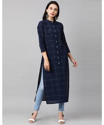 Indo Era Navy Blue Solid Straight Kurtas 1