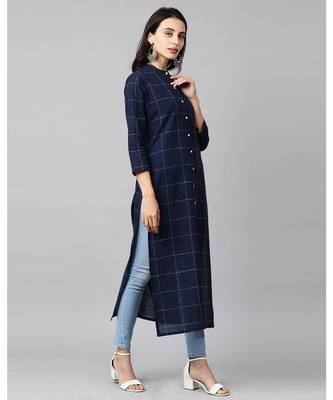Indo Era Navy Blue Solid Straight Kurtas 2