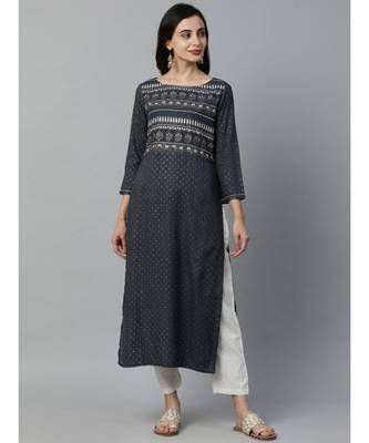 Indo Era Grey Foil Printed Straight Kurtas 1