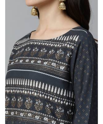 Indo Era Grey Foil Printed Straight Kurtas 5