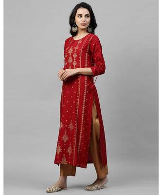 Indo Era Red Foil Printed Straight Kurtas 2