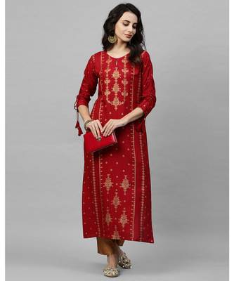 Indo Era Red Foil Printed Straight Kurtas 4