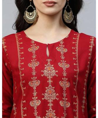 Indo Era Red Foil Printed Straight Kurtas 6