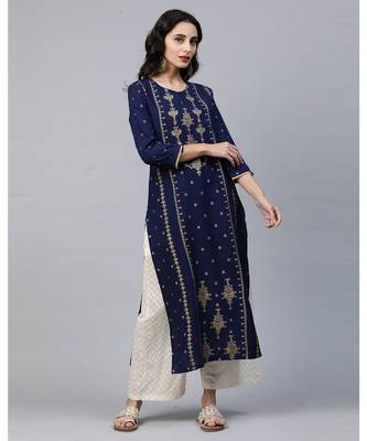Indo Era Blue Foil Printed Straight Kurtas 1